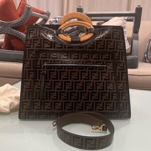 Fendi Runaway Shopping Black and Brown Zucca Leather Tote/Matching Strap